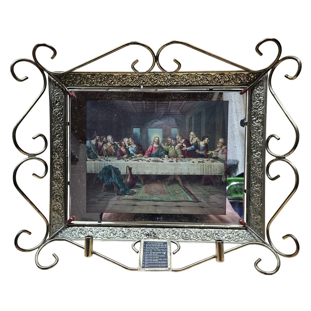 RARE Vintage Last Supper Mirror Frame 10 Commandments mini taper candle holders